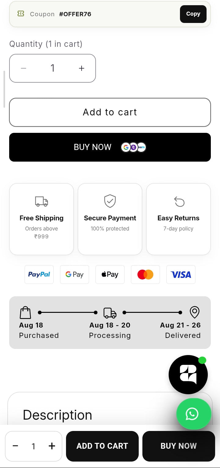 A screenshot of an e-commerce checkout interface showing a product order summary, including a 'BUY NOW' button, shipping and payment icons, and a WhatsApp floating chat button.